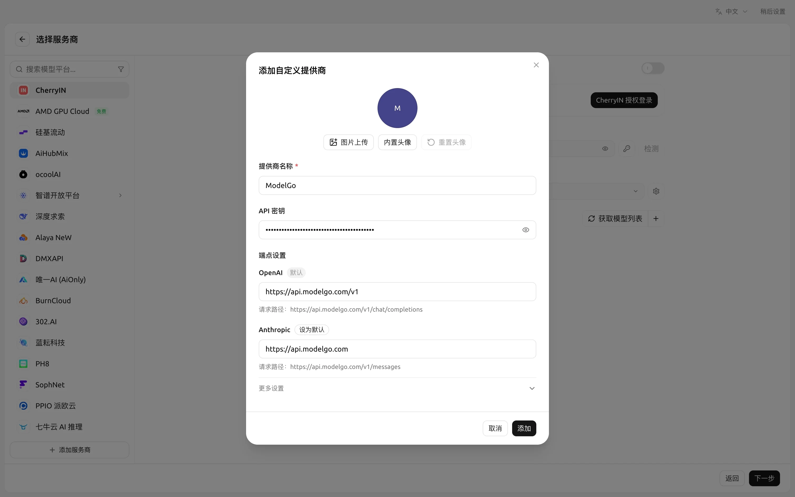 添加 ModelGo 自定义提供商