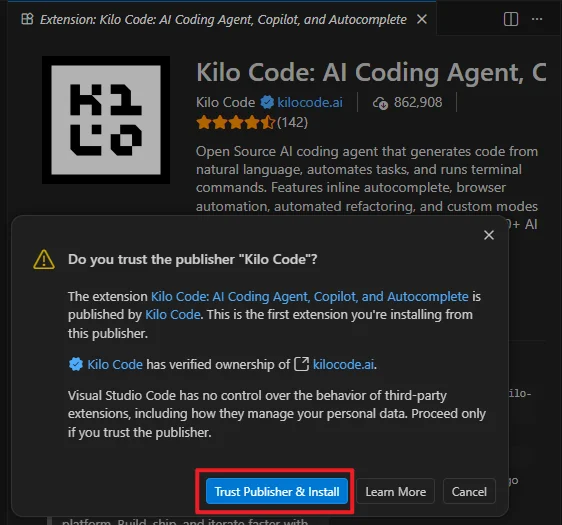 确认信任 Kilo Code 发布者